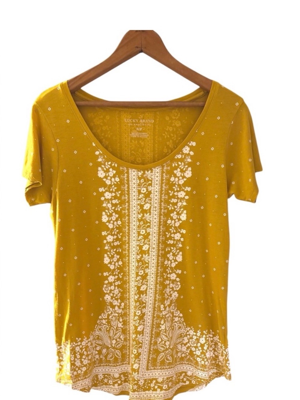 Lucky Brand Mustard Yellow Short Sleeve Scoop Neck Tee with White Floral Print